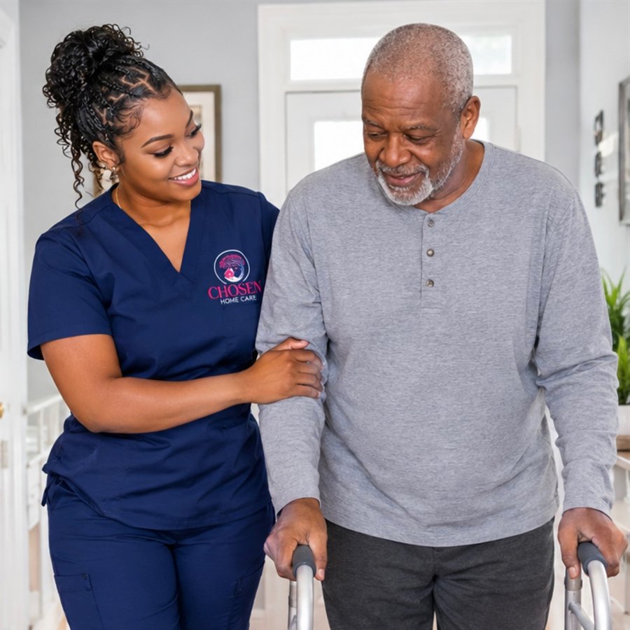 A smiling Chosen Home Care caregiver in navy scrubs helping an older man walk with his walker at home